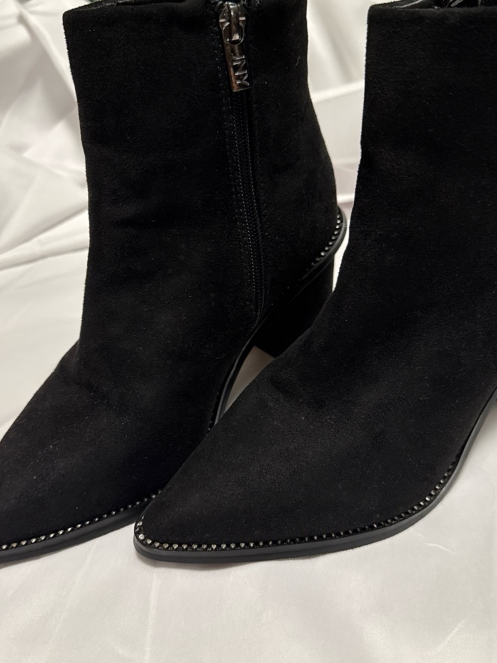 Jones New York Black Suede Pointed Toe Ankle Booties with Stud Trim